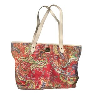 Lauren Ralph Lauren Paisley Tote Bag Purse Large Canvas Floral Red Metal Logo